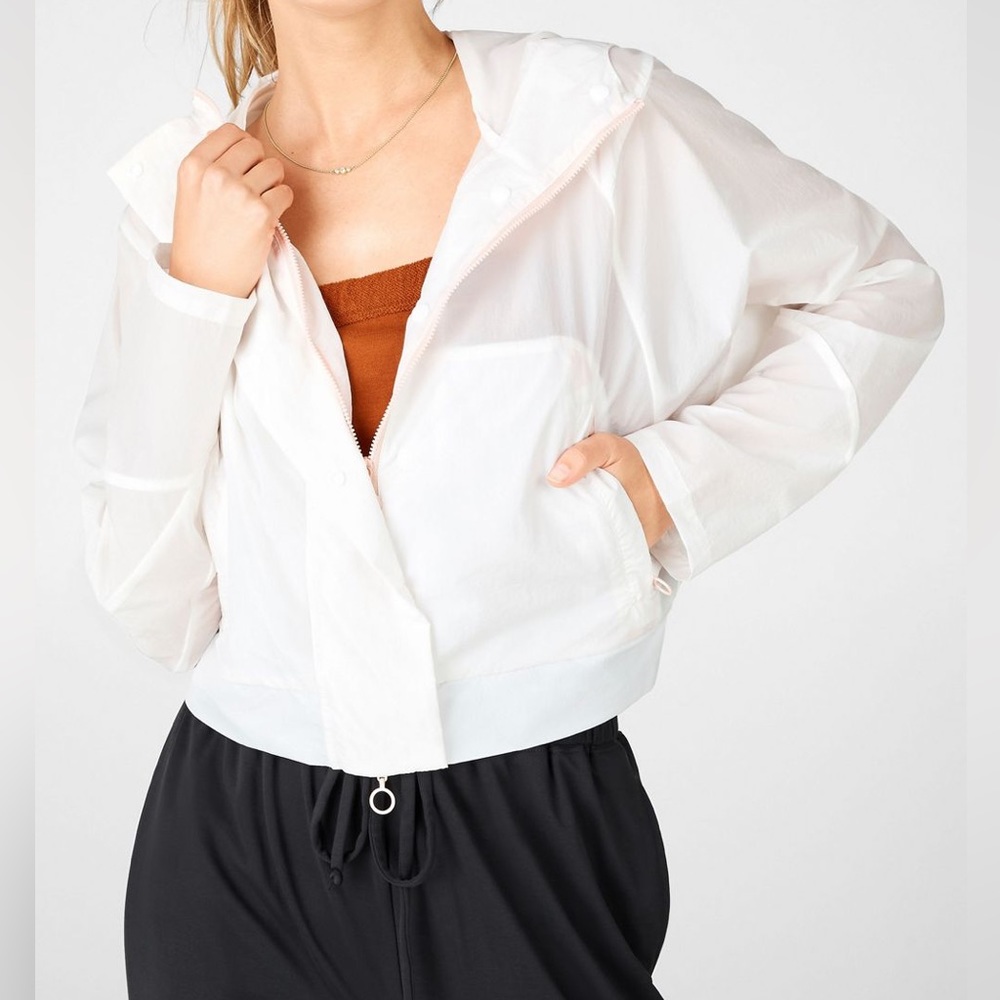 White Windbreaker Fabletics Halle Cropped Hooded Jacket Size Large